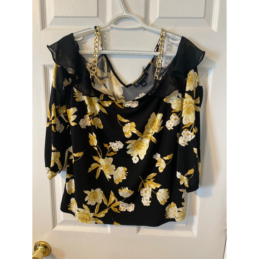 INC International Concepts Floral Cold Shoulder Blouse Gold Chain Straps Black M